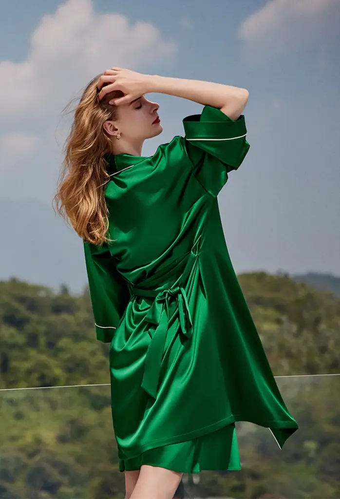 Rear view of a model in a vibrant emerald green silk robe with white piping, showcasing outdoor lounge styling.