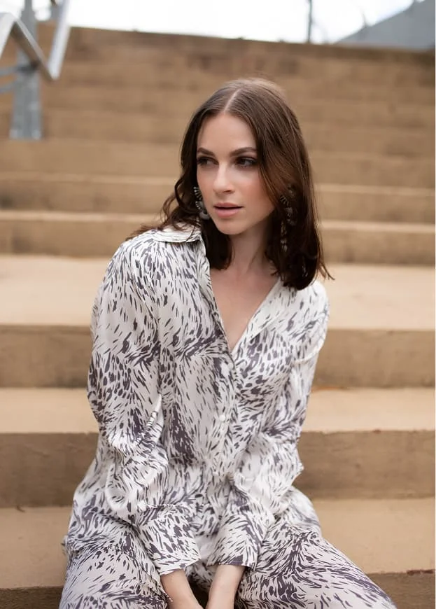 Abstract grey and white animal print silk shirt and pant set manufactured by Passionworks