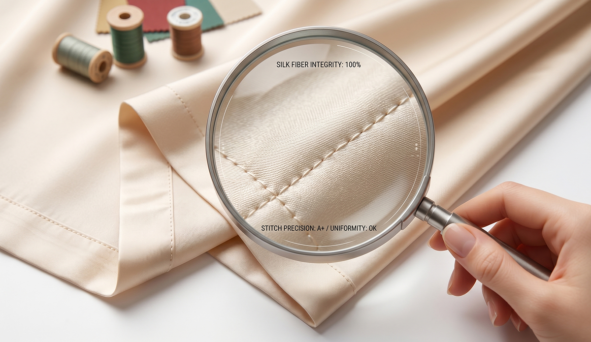 Quality control inspector using magnifying glass to check silk garment stitching with silk fiber integrity and stitch precision labels