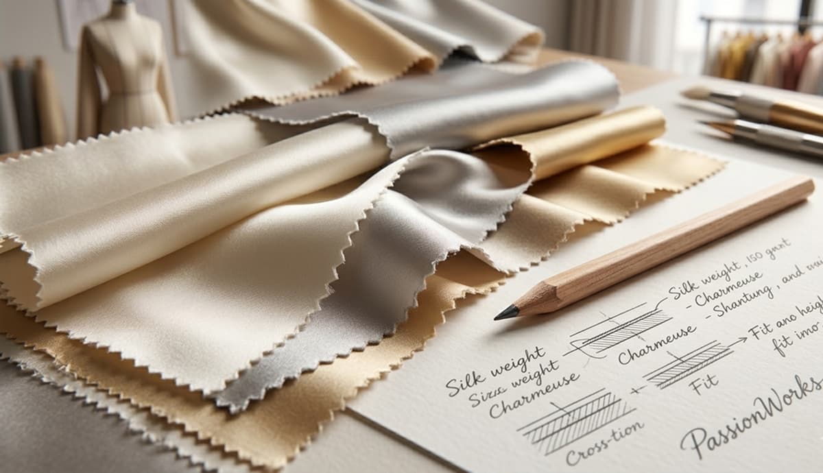 Silk fabric swatches with handwritten quality notes and pencil on a design desk at Passionworks garment manufacturing studio
