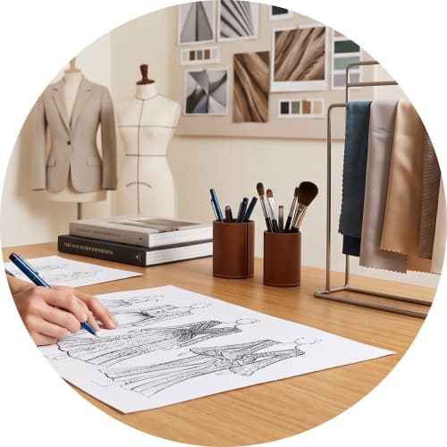 Fashion designer sketching garment designs at desk with dress form fabric swatches and mood board in background
