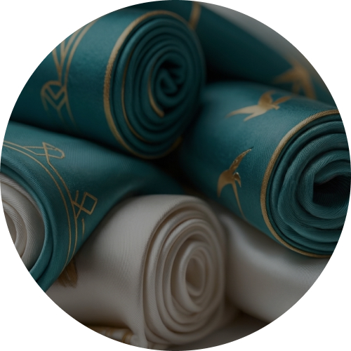Rolled teal and ivory silk fabric bolts with gold pattern representing all journal categories at Passionworks