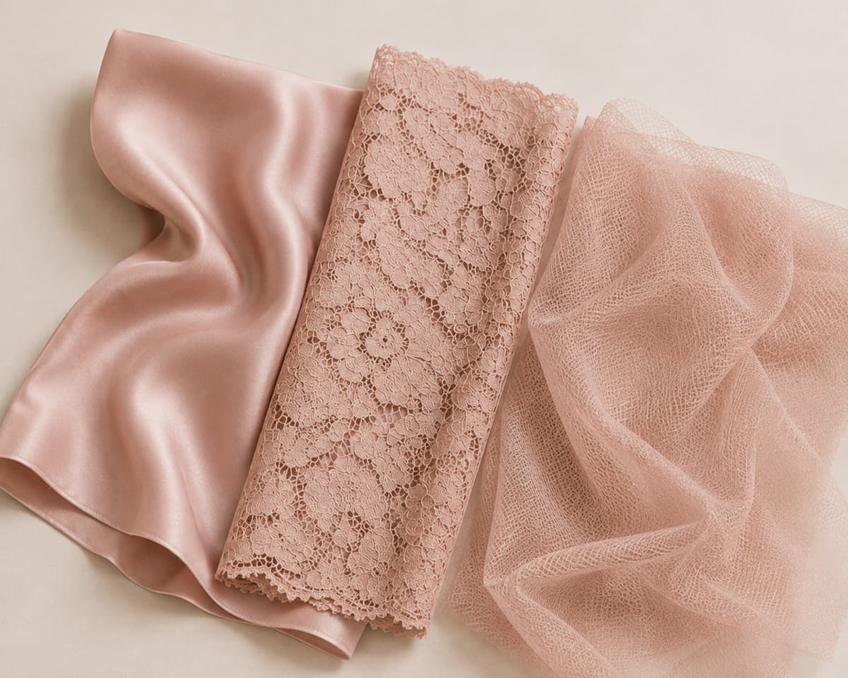 Pink silk, lace, and tulle fabric swatches in matching blush tone showing successful colour coordination across different fabric types